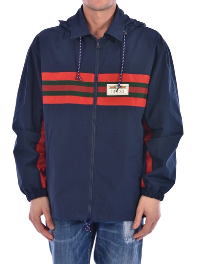 Shop Gucci Striped Logo Patch Jacket In Blue