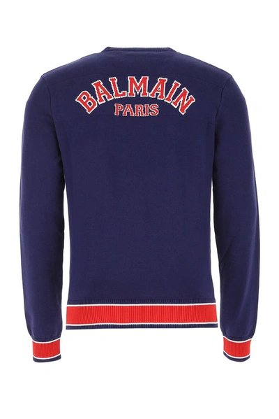 Shop Balmain Logo Intarsia Crewneck Jumper In Blue