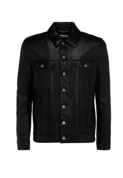 Shop Saint Laurent Buttoned Leather Jacket In Black