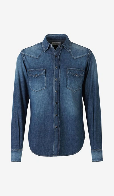 Shop Saint Laurent Buttoned Denim Shirt In Blue