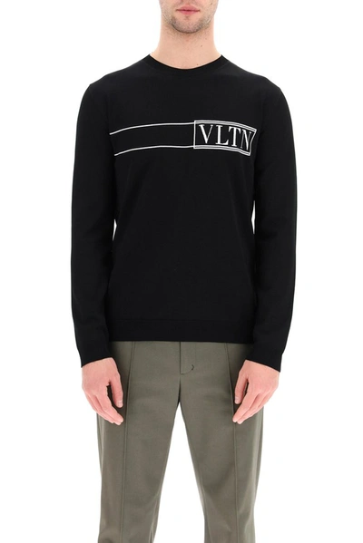 Shop Valentino Vltn Tag Intarsia Crewneck Sweater In Black