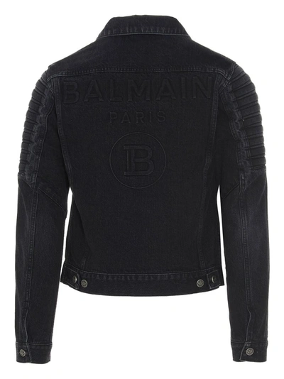 Shop Balmain Denim Biker Jacket In Black