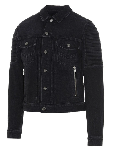 Shop Balmain Denim Biker Jacket In Black