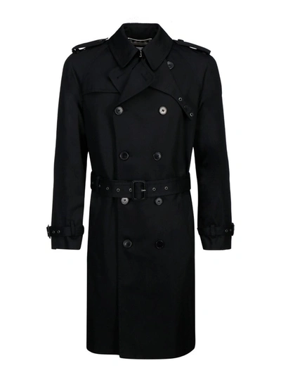 Shop Saint Laurent Double Breasted Trench Coat In Black