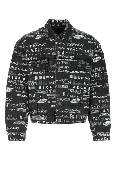 Shop Balenciaga Allover Logo Printed Denim Jacket In Black