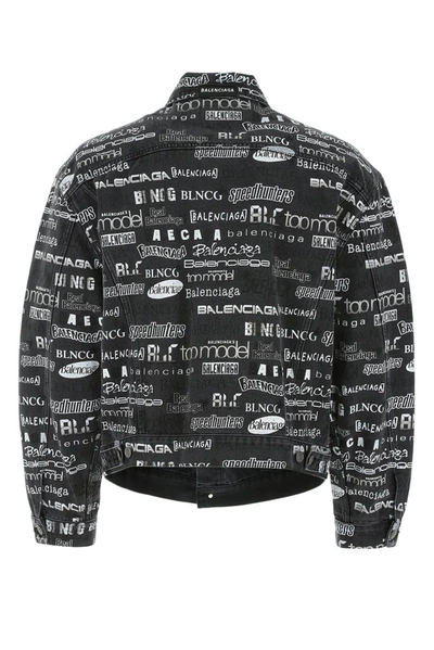 Shop Balenciaga Allover Logo Printed Denim Jacket In Black