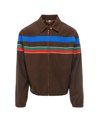 Shop Gucci Stripe Zip Up Jacket In Brown