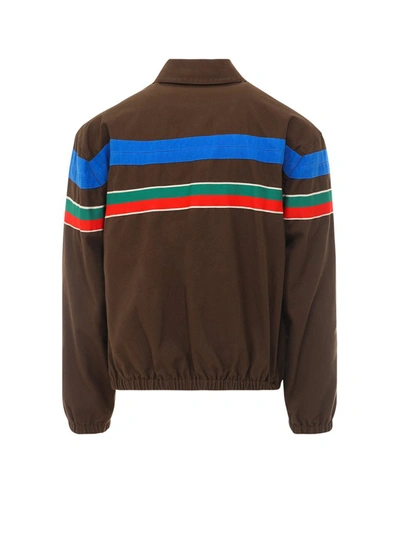 Shop Gucci Stripe Zip Up Jacket In Brown