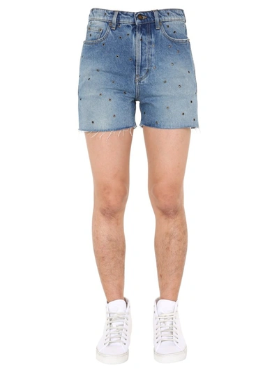 Shop Saint Laurent Studded Denim Shorts In Blue