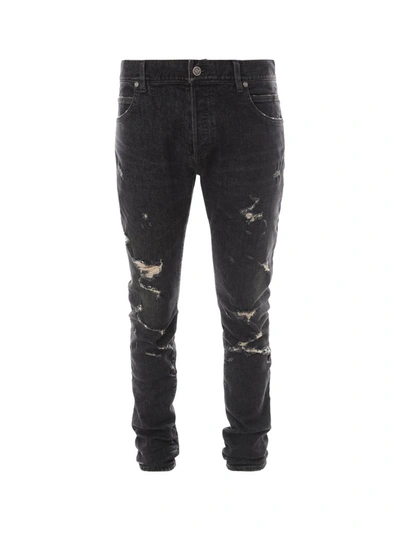 Shop Balmain Distressed Slim In Black