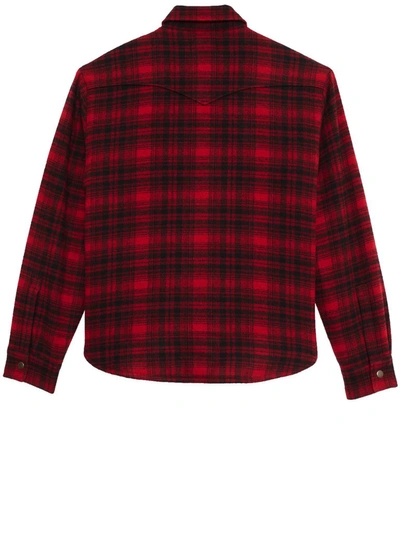 Shop Saint Laurent Checked Shearling Overshirt In Red