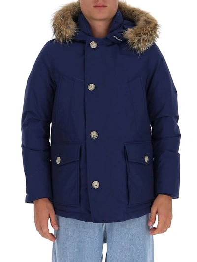Shop Woolrich Fur Trim Hooded Arctic Coat In Blue