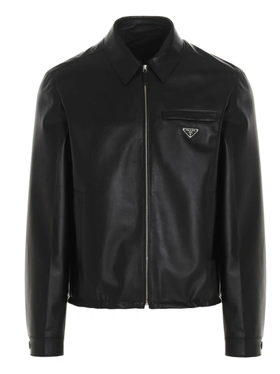 Shop Prada Logo Plaque Leather Jacket In Black