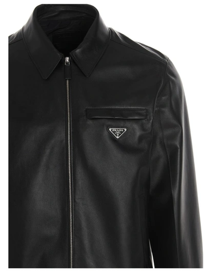 Shop Prada Logo Plaque Leather Jacket In Black