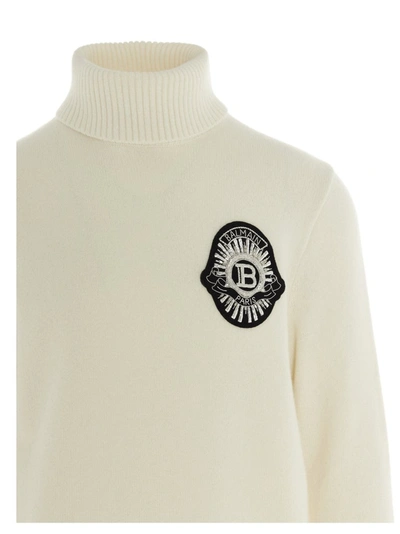 Shop Balmain Logo Patch Knit Jumper In White