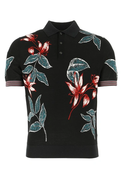 Shop Prada Floral Intarsia Polo Shirt In Black