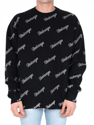 Shop Balenciaga Allover Logo Intarsia Sweater In Black