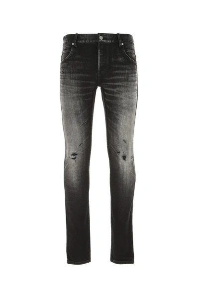 Shop Balmain Selvedge Distressed Skinny Jeans In Black