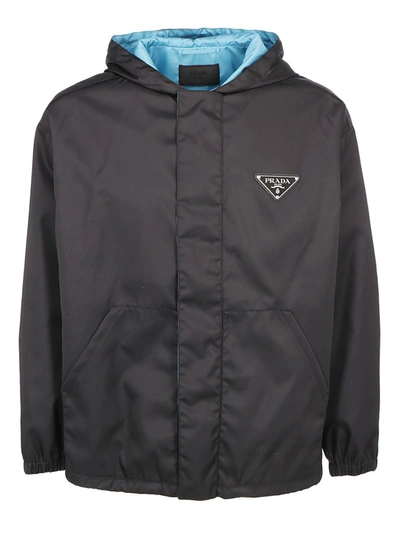 Shop Prada Hooded Logo Plaque Jacket In Black