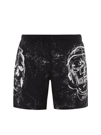 Shop Alexander Mcqueen Skull Printed Swim Shorts In Black