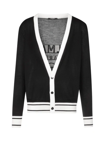 Shop Balmain Contrast Trim Logo Knitted Cardigan In Black