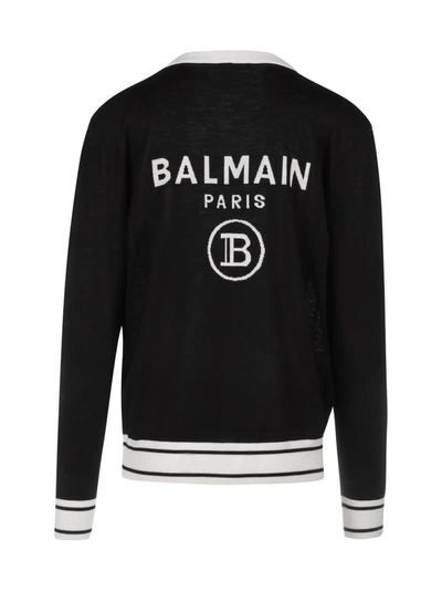 Shop Balmain Contrast Trim Logo Knitted Cardigan In Black