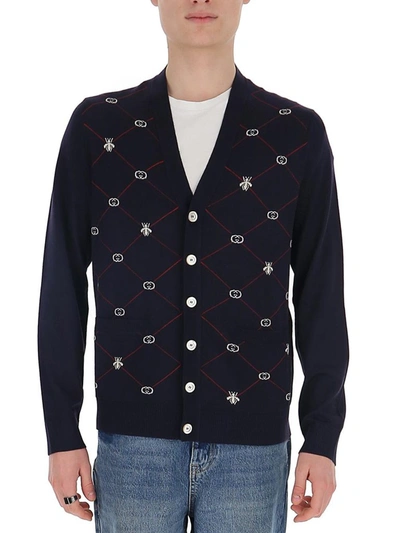 Shop Gucci Gg Bees Jacquard Cardigan In Blue