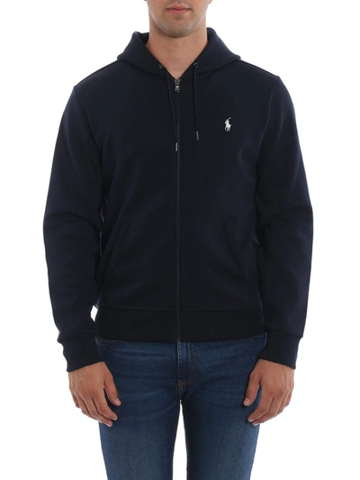 Shop Polo Ralph Lauren Logo Embroidered Zipped Hoodie In Navy