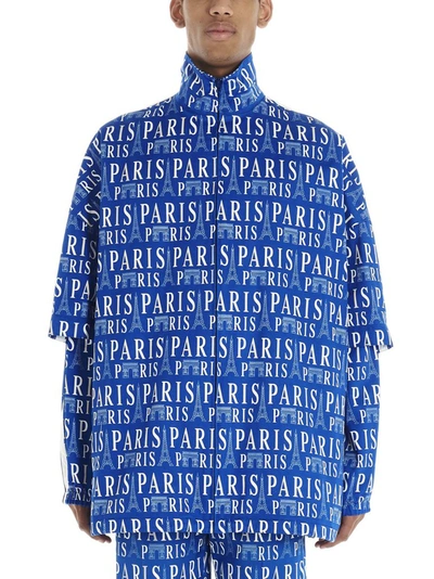 Shop Balenciaga Paris Printed Double Sleeve Jacket In Blue
