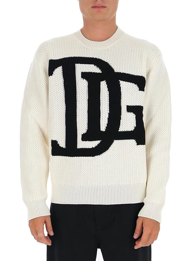 Shop Dolce & Gabbana Monogram Intarsia Sweater In White