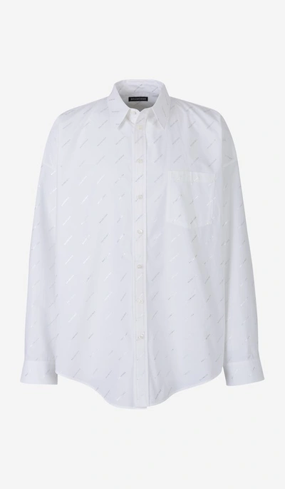 Shop Balenciaga Allover Logo Oversized Shirt In White