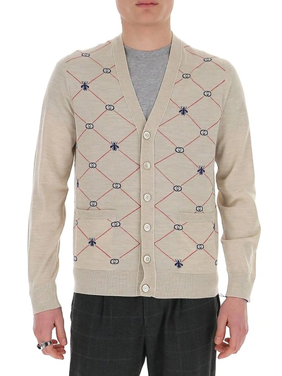 Shop Gucci Gg Bees Jacquard Cardigan In Beige