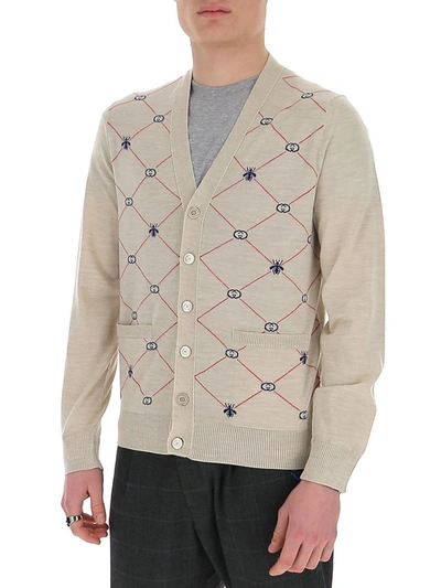 Shop Gucci Gg Bees Jacquard Cardigan In Beige