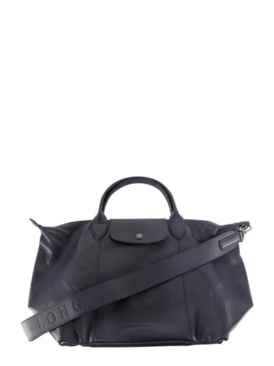 Shop Longchamp Le Pliage Cuir Medium Top Handle Bag In Blue