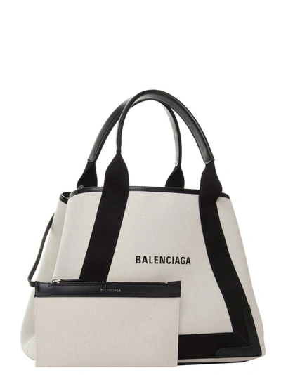 Shop Balenciaga Navy Cabas Medium Tote Bag In Beige
