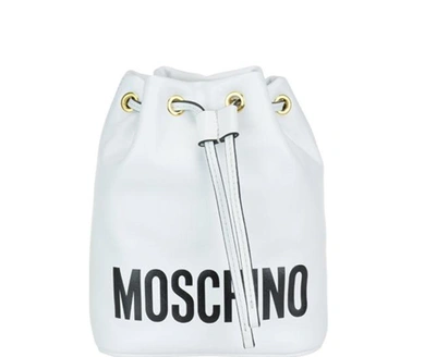 Shop Moschino Logo Printed Drawstring Shoulder Bag In White
