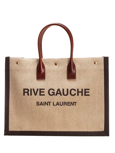 Saint Laurent Rive Gauche Linen Tote In Brown
