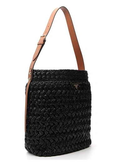 Shop Prada Logo Plaque Woven Shoulder Bag In Black