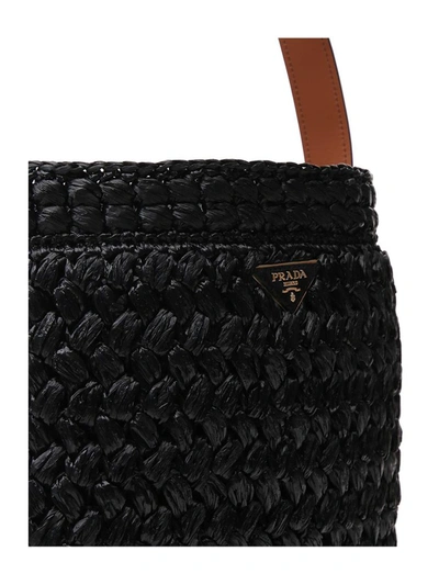 Shop Prada Logo Plaque Woven Shoulder Bag In Black