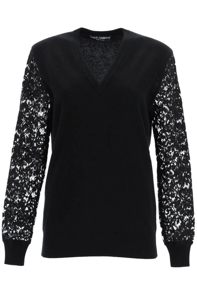 Shop Dolce & Gabbana Floral Sleeves Sweater In Black