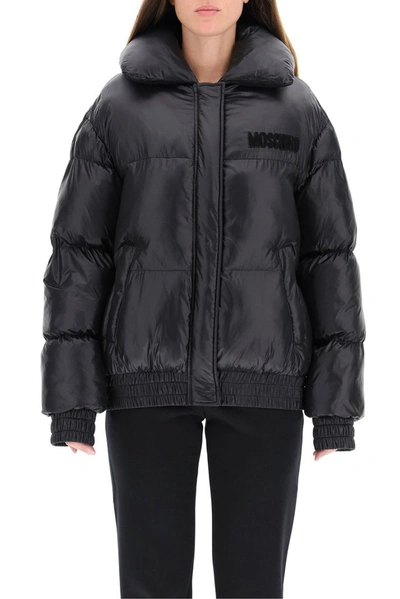 Shop Moschino Teddy Embroidered Puffer Jacket In Black