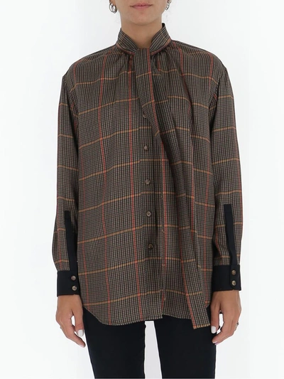 Shop Burberry Pussybow Checked Blouse In Brown