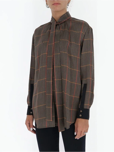 Shop Burberry Pussybow Checked Blouse In Brown