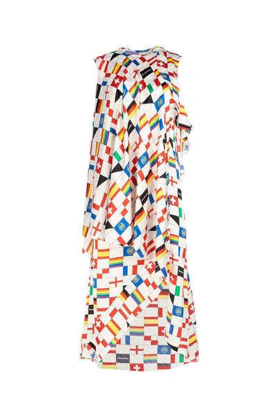 Balenciaga Outlet: Long silk dress with all over signature - White