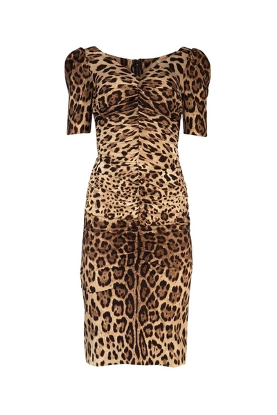 Shop Dolce & Gabbana Leopard Print Ruched Midi Dress In Multi