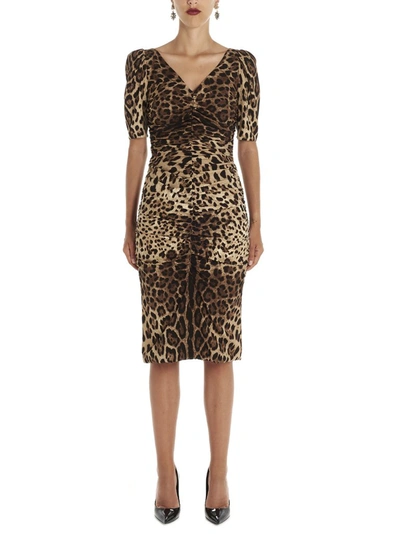 Shop Dolce & Gabbana Leopard Print Ruched Midi Dress In Multi