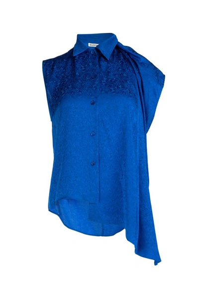 Shop Balenciaga Asymmetric Draped Blouse In Blue
