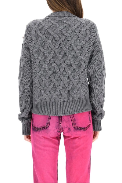 Shop Msgm Embellished Cable Knit Cardigan In Grey