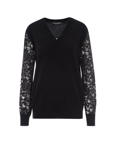 Shop Dolce & Gabbana Lace Sleeve Sweater In Black