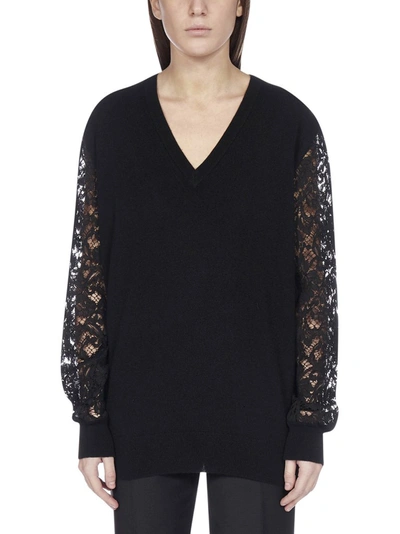 Shop Dolce & Gabbana Lace Sleeve Sweater In Black